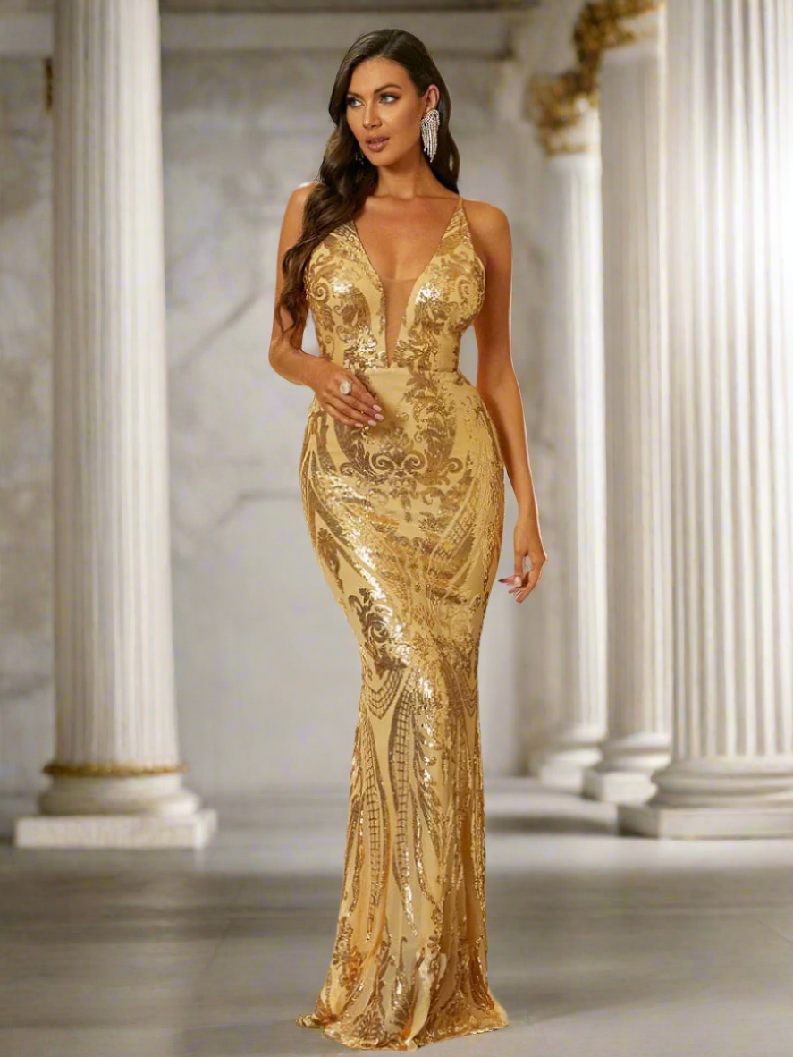 Sequin Gold V-neck Backless Mermaid Cocktail Dress XJ1242 - Gold / XL Sequin Gold V-neck Backless Mermaid Cocktail Dress XJ1242 - Gold / XL