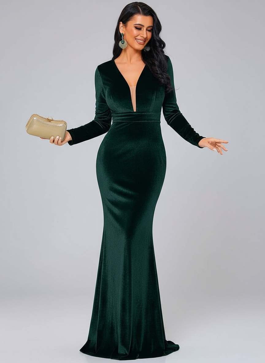 Long Sleeve Velvet Green Evening Dress XJ940 - Green / XL Long Sleeve Velvet Green Evening Dress XJ940 - Green / XL