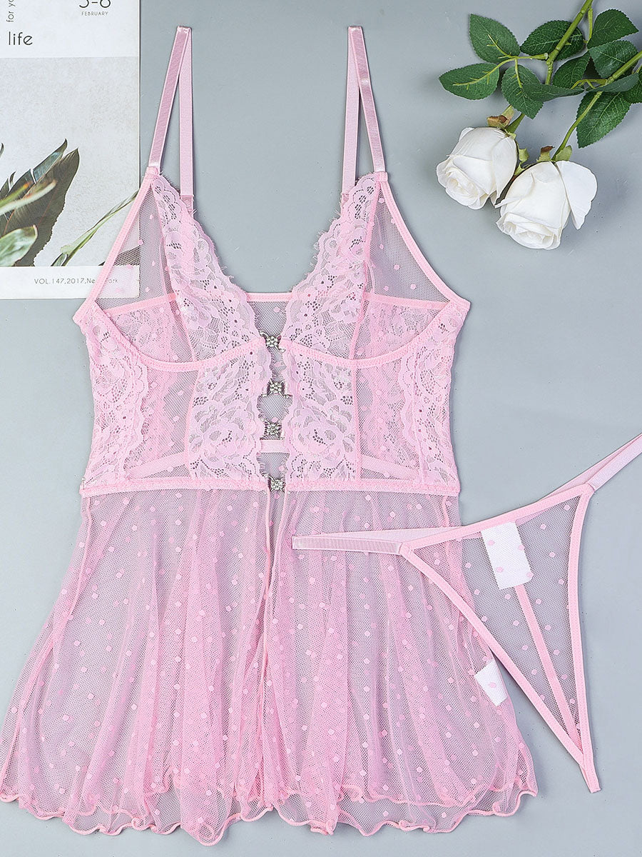 Lavender See-through Sexy Polka Dot Lace Two-piece Set MSL087