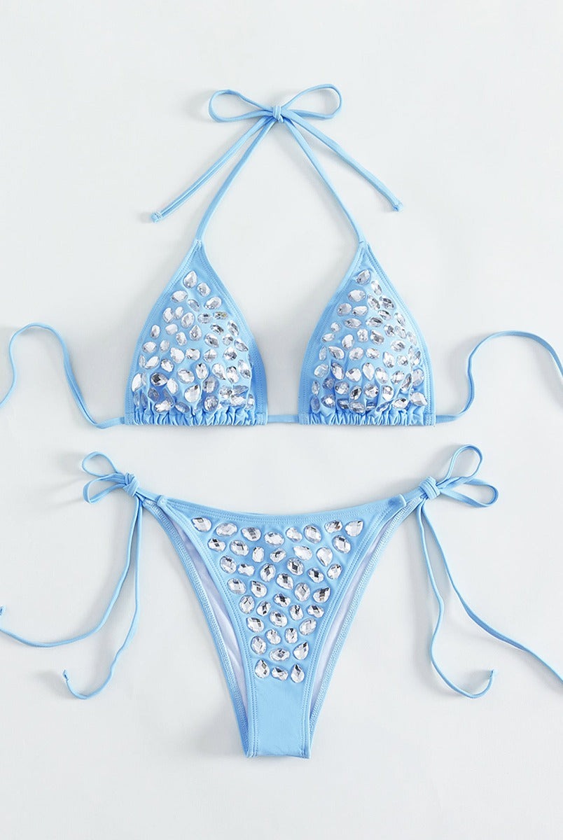 Rhinestone Lace Up Blue Luxury Bikini