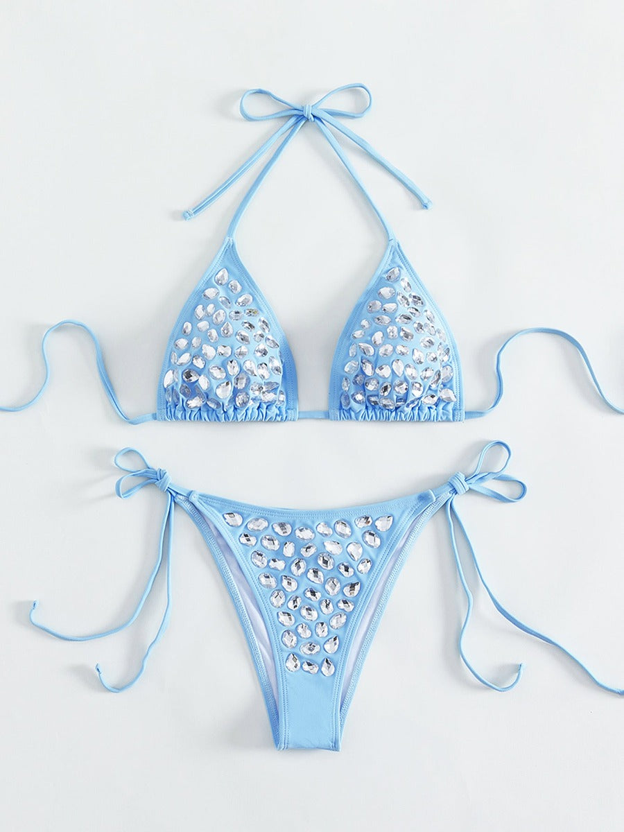 Rhinestone Lace Up Blue Luxury Bikini