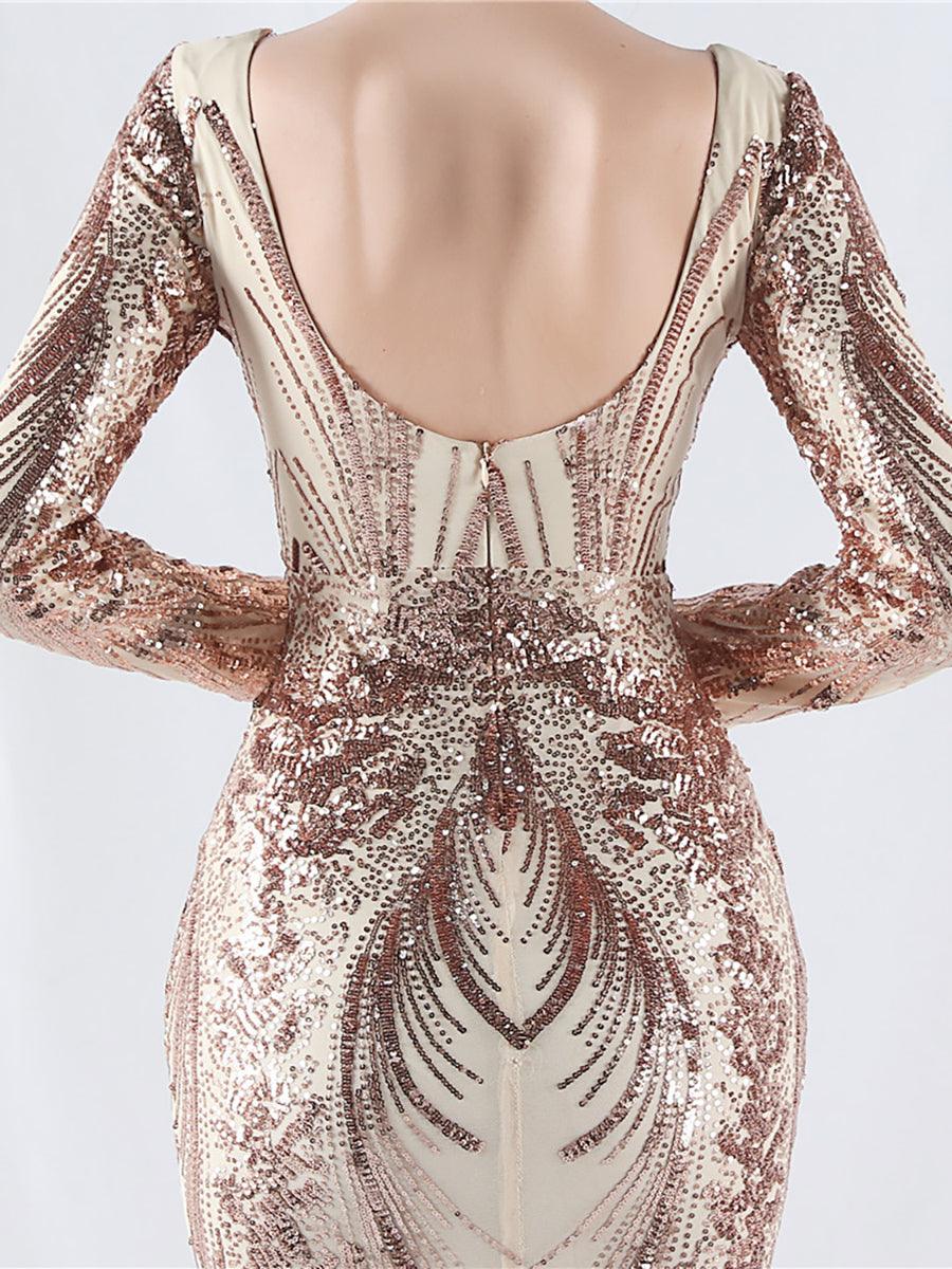 Long Sleeve Sequin V-neck Backless Prom Dress MCW1000 - MISS ORD