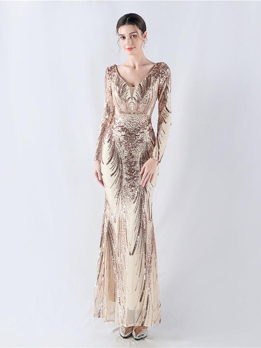 Long Sleeve Sequin V-neck Backless Prom Dress MCW1000 - MISS ORD