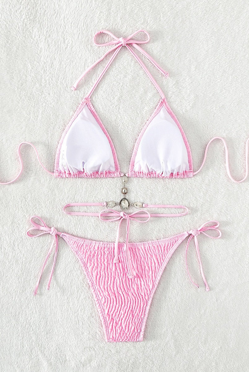 Rhinestone Ruched Pink One-piece Bikini