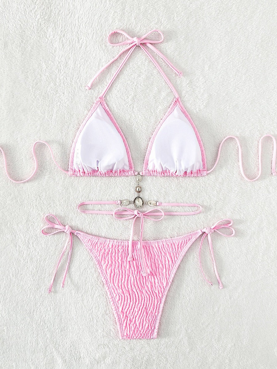 Rhinestone Ruched Pink One-piece Bikini