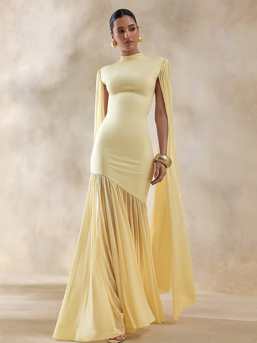 asymmetric pleated dress High Neck Cape Sleeve Asymmetric Pleated Maxi Dress XF251354