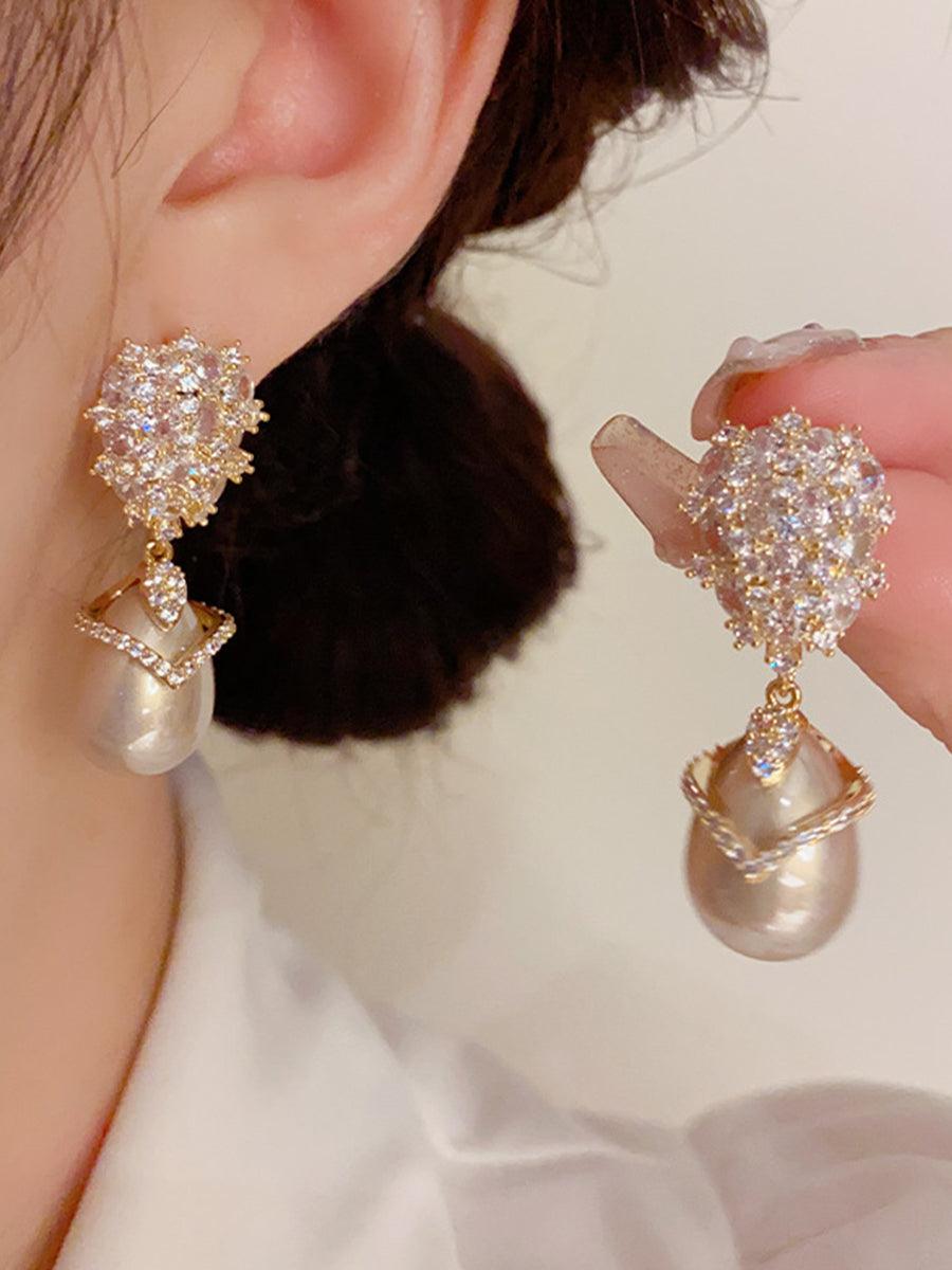 Champagne Pearl Zirconia Earrings MSE20003 - MISS ORD