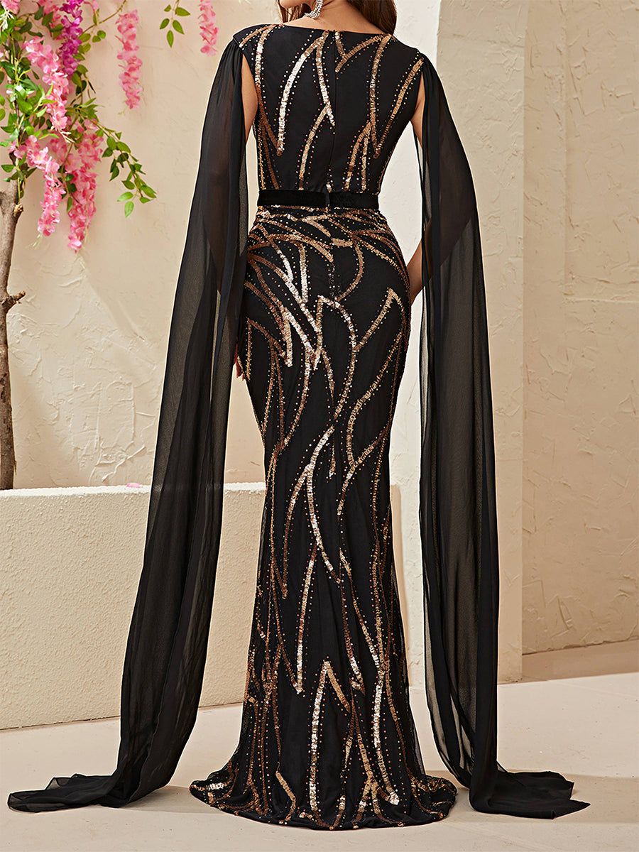 MISSORD V-neck Belt Mermaid Black Sequin Dress