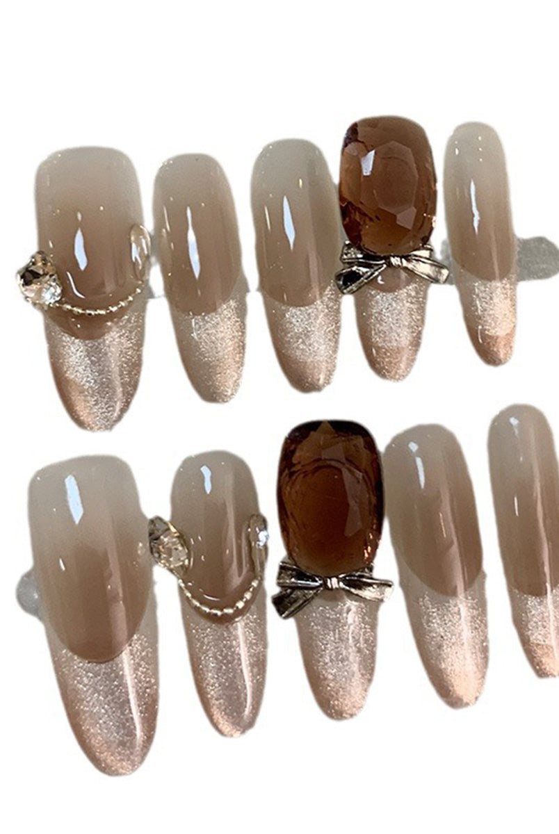 Bow Diamond Glitter Brown Press On Nails