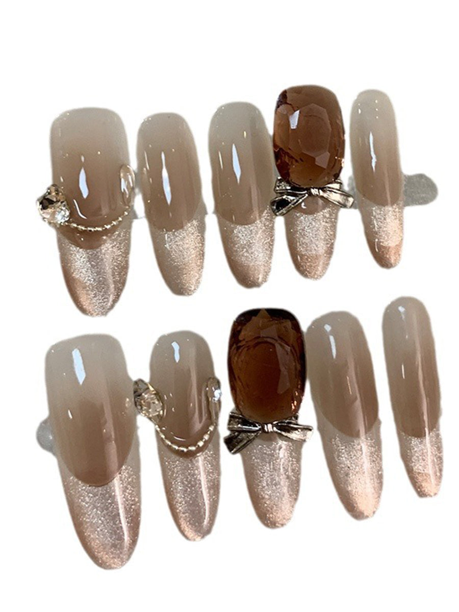 Bow Diamond Glitter Brown Press On Nails