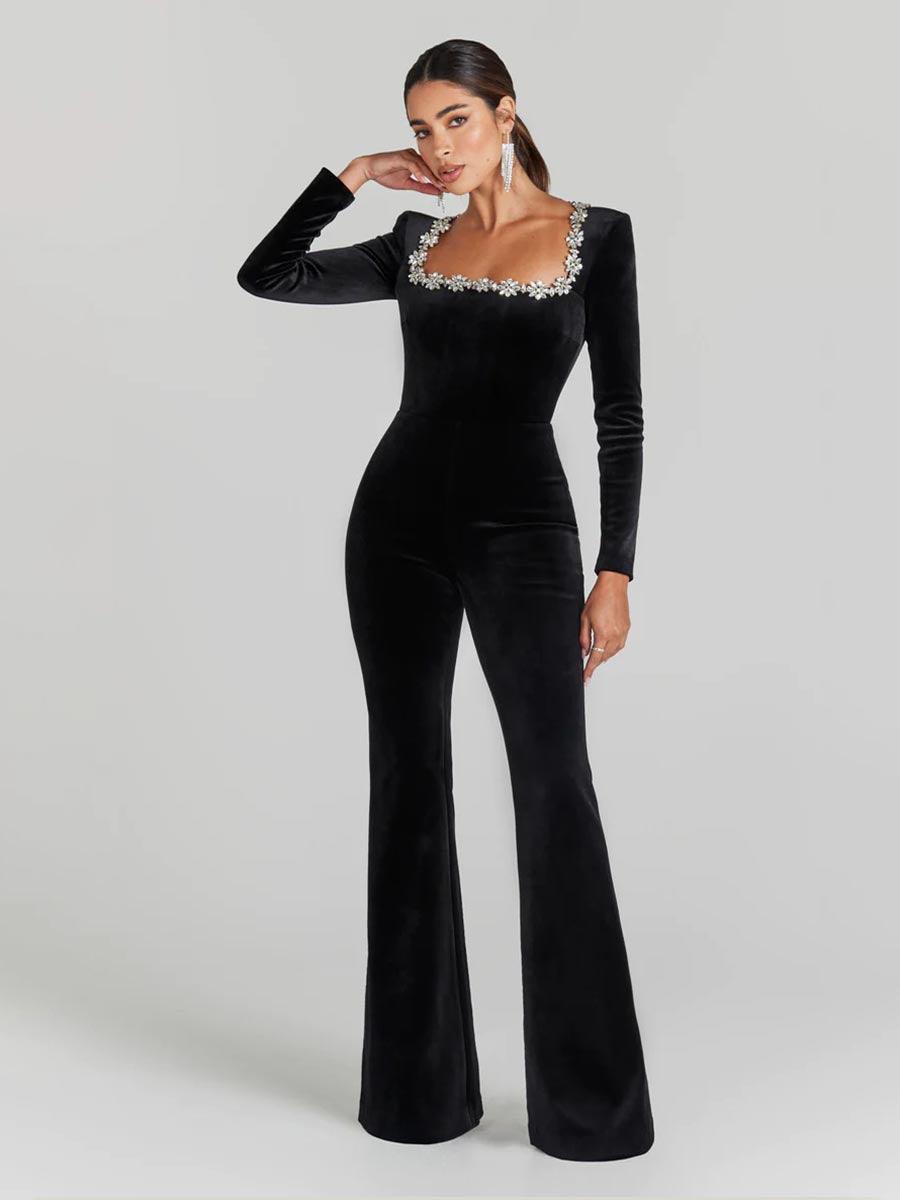 Rhinestone Square Neck Velvet Jumpsuits MYC1033 - MISS ORD