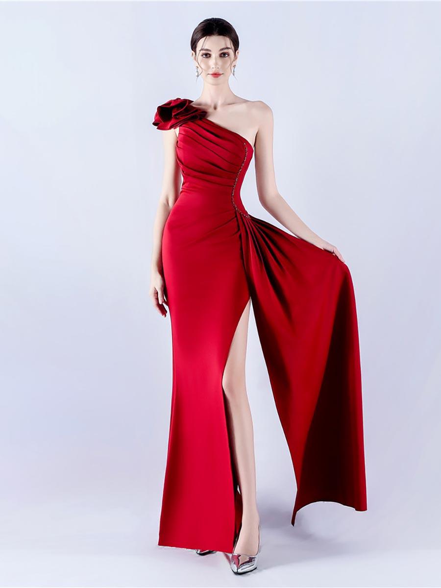 One Shoulder Flower Pleated Draped Prom Dress MYN1002 - MISS ORD