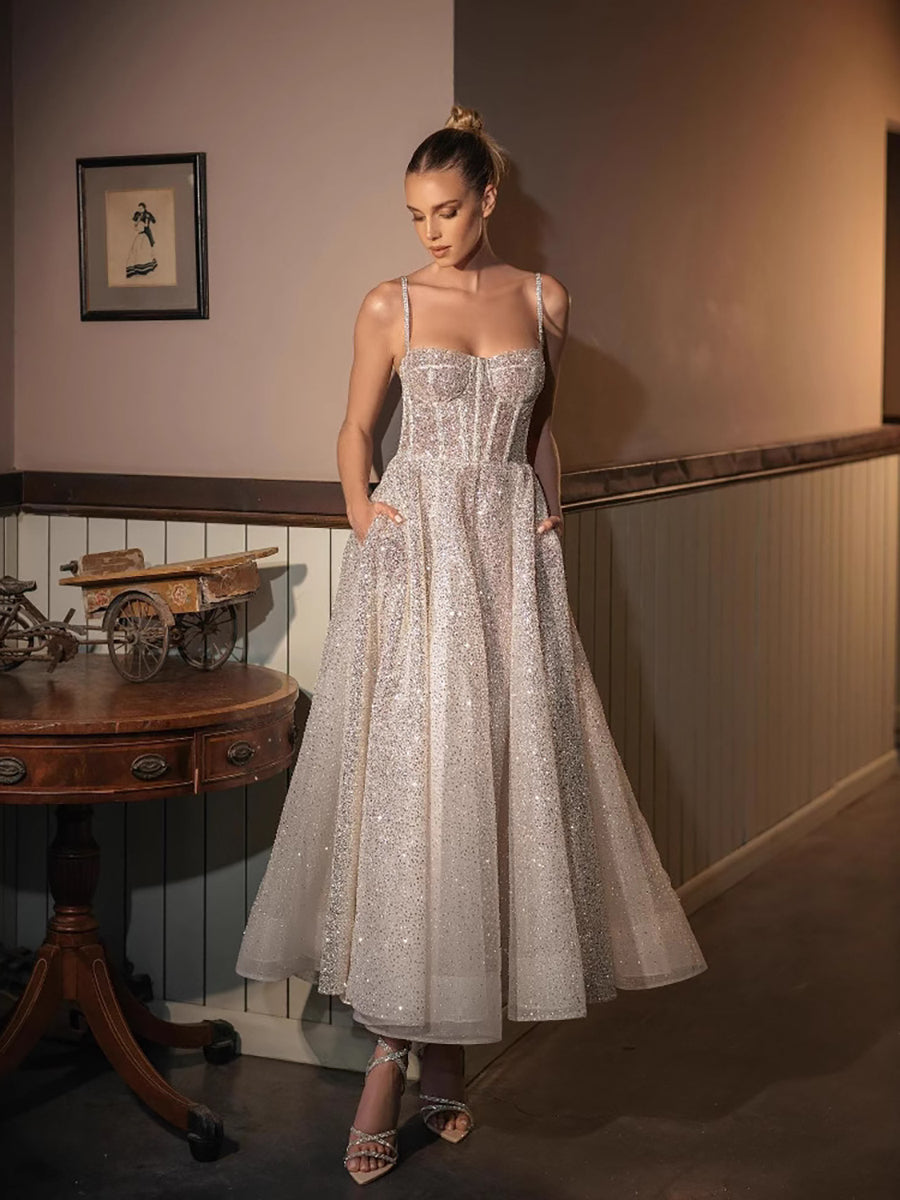 midi elegant dress for women Glitter Spaghetti Strap Corset A-Line Midi Formal Dress XF251360 – MISS ORD