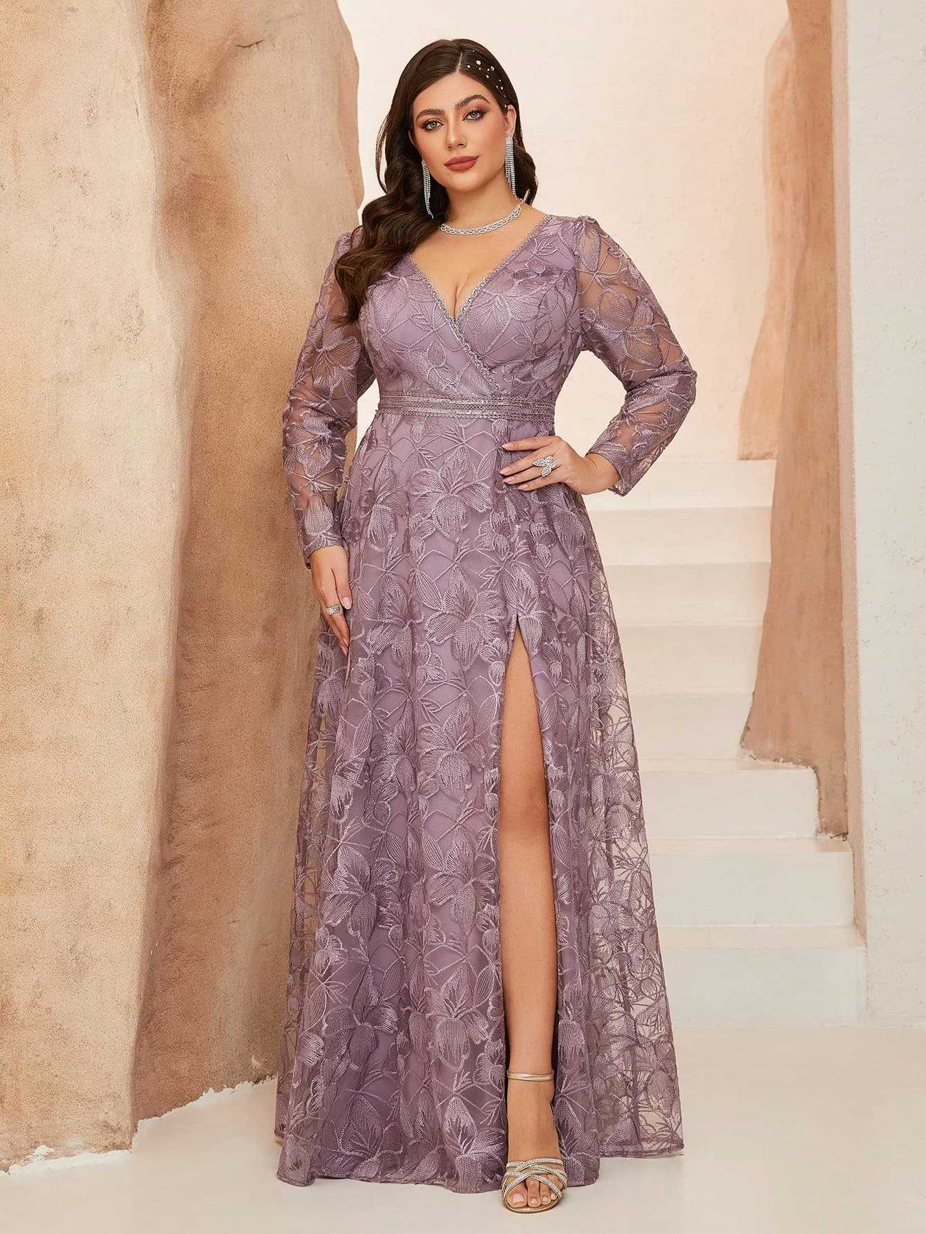 Plus Lavender Floral Lace V-Neck Formal Dress XF251302 MISS ORD Plus Lavender Floral Lace V-Neck Formal Dress XF251302 MISS ORD