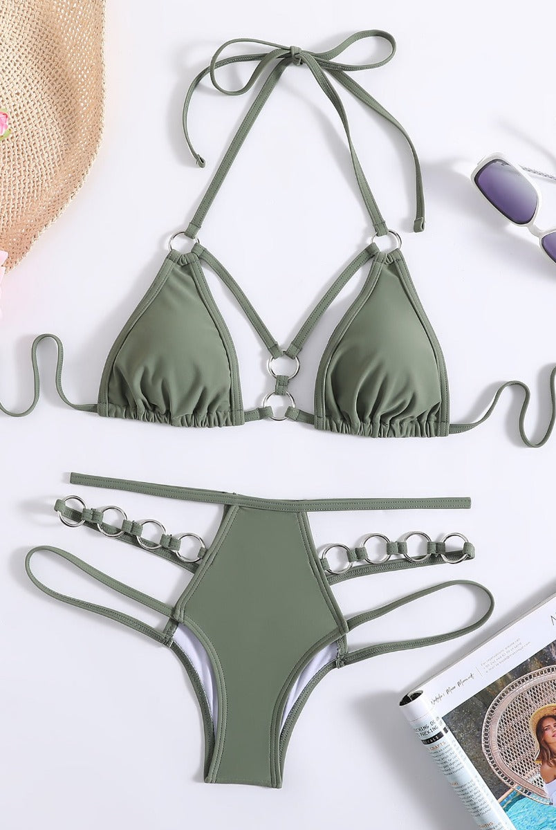 Halter Lace Up Green Triangle Bikini