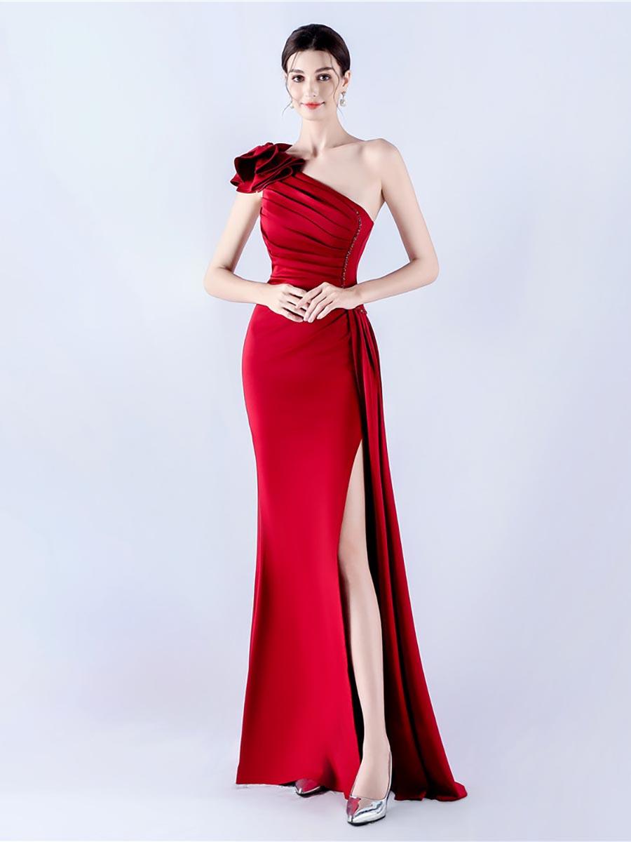 One Shoulder Flower Pleated Draped Prom Dress MYN1002 - MISS ORD
