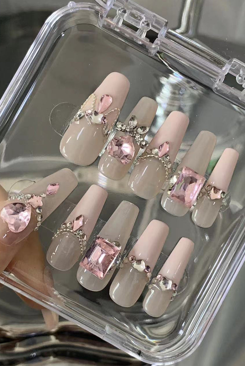 Customized Long Pink Diamond Nail Art