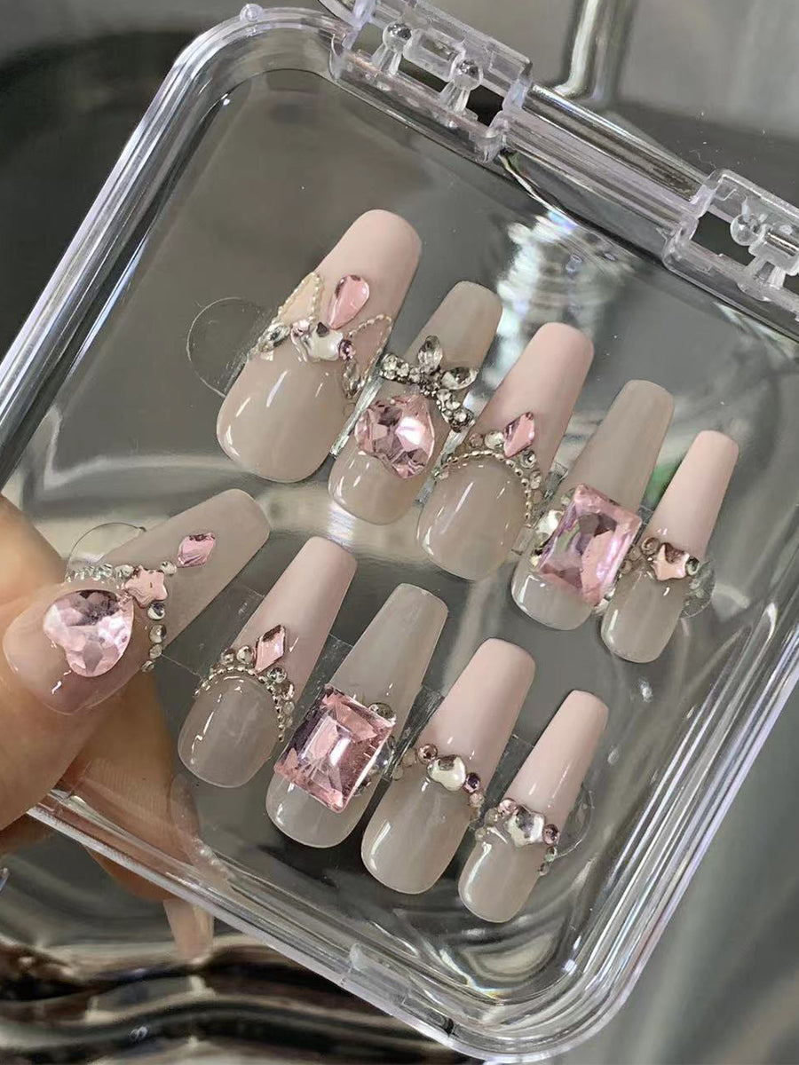 Customized Long Pink Diamond Nail Art