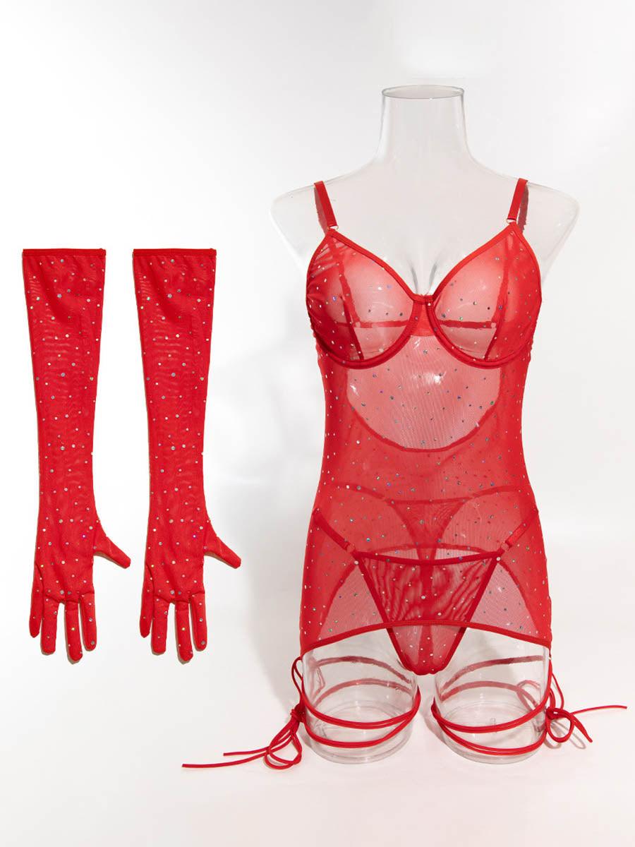 See-through Solid Rhinestone Glove Ties Three-Piece Set MSL065 - MISS ORD
