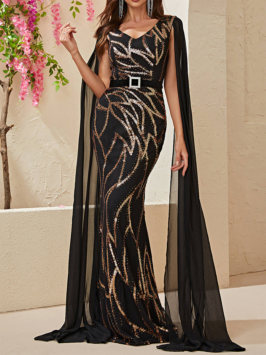 MISSORD V-neck Belt Mermaid Black Sequin Dress