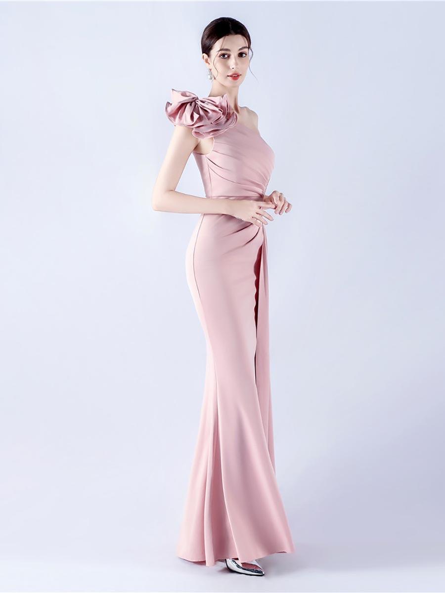 One Shoulder Flower Pleated Draped Prom Dress MYN1002 - MISS ORD