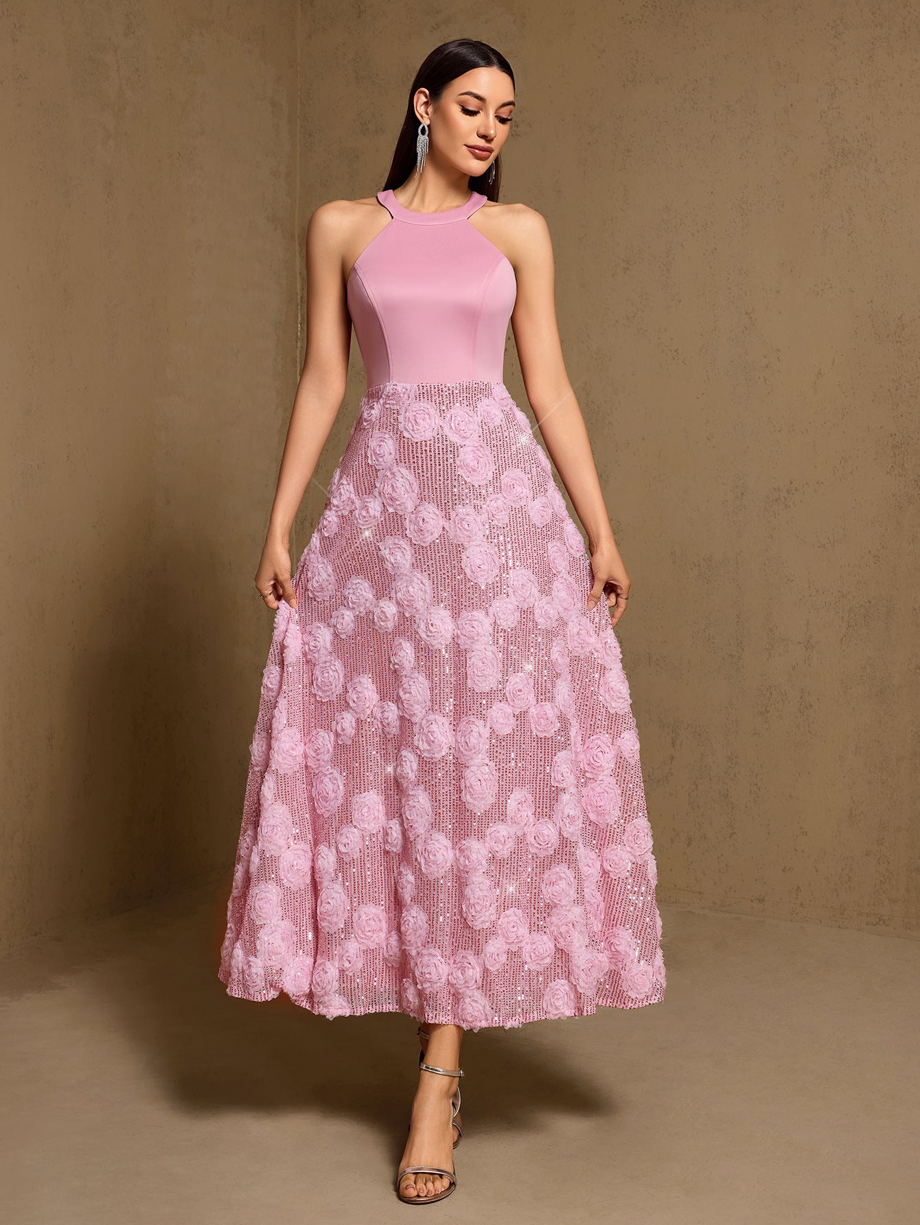 sequin a line dress Pink 3D Rose Sequin A-Line Formal Dress XF251368 – MISS ORD