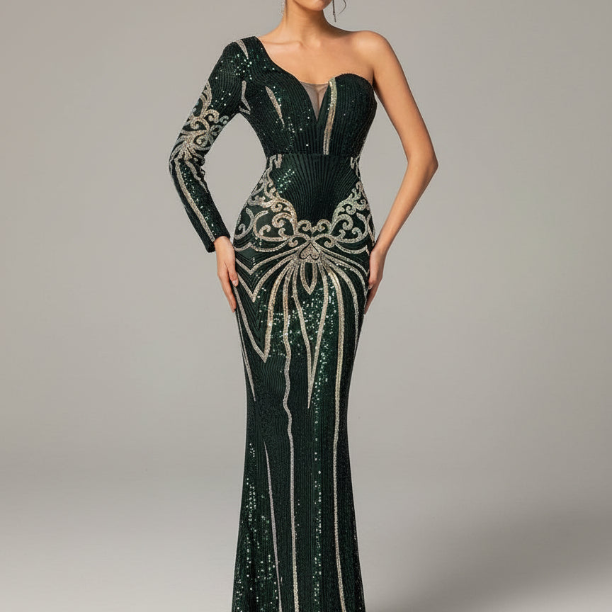 Green One Shoulder Sequin Mermaid Prom Dress MYC1042 - Green / XL Green One Shoulder Sequin Mermaid Prom Dress MYC1042 - Green / XL