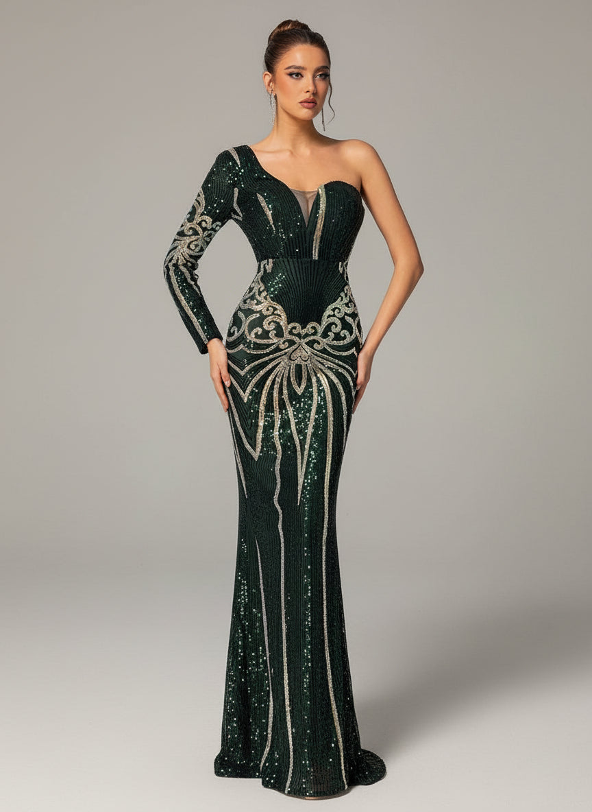Green One Shoulder Sequin Mermaid Prom Dress MYC1042 - Green / XL Green One Shoulder Sequin Mermaid Prom Dress MYC1042 - Green / XL