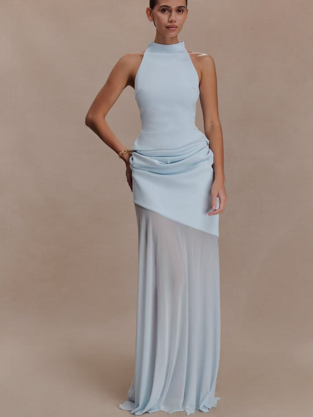 Halter Neck Asymmetric Draped Sheer Maxi Dress XF251339 - White / L Halter Neck Asymmetric Draped Sheer Maxi Dress XF251339 - White / L