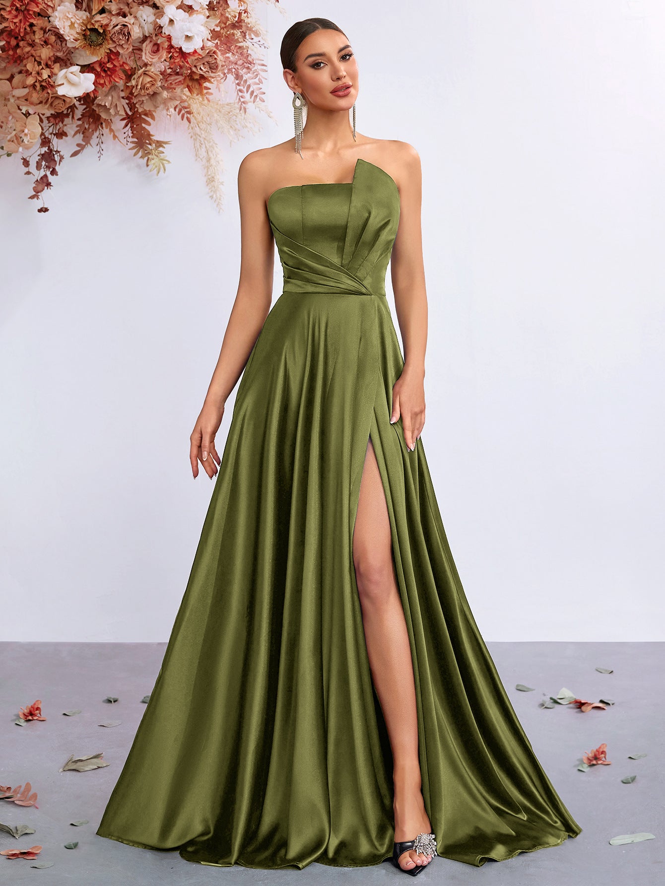Olive Strapless Folds Satin A-Line Evening Dress XF251345 MISS ORD Olive Strapless Folds Satin A-Line Evening Dress XF251345 MISS ORD