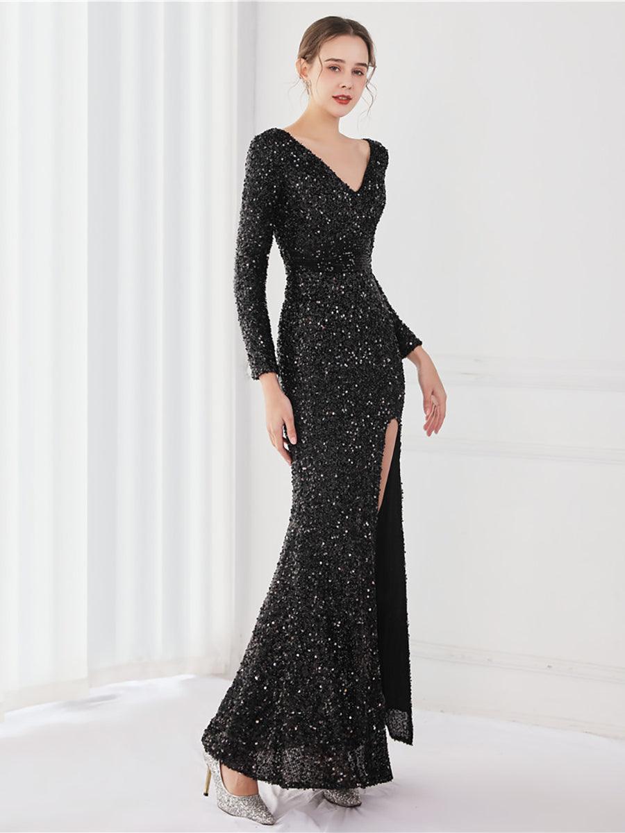 Long Sleeve Solid V-neck Sequin Prom Dress MCW1133 - MISS ORD
