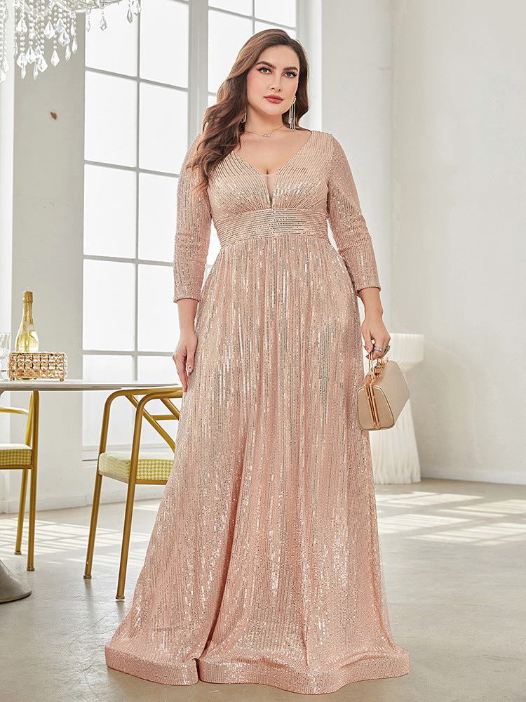 Long Sleeve V-neck Sequin Wedding Guest Dress MYC2040 – MISS ORD
