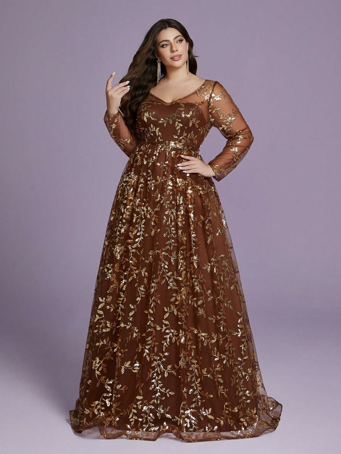 brown sequin dress plus size urious Plus Size Brown Mermaid Prom Brown Prom dress with Illusion Long Sleeves for Evening Formal Events, Birthdays, and Engagements (ST707)