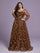 Plus Size Brown Leaf Sequin Long Sleeve Maxi Dress XF251304