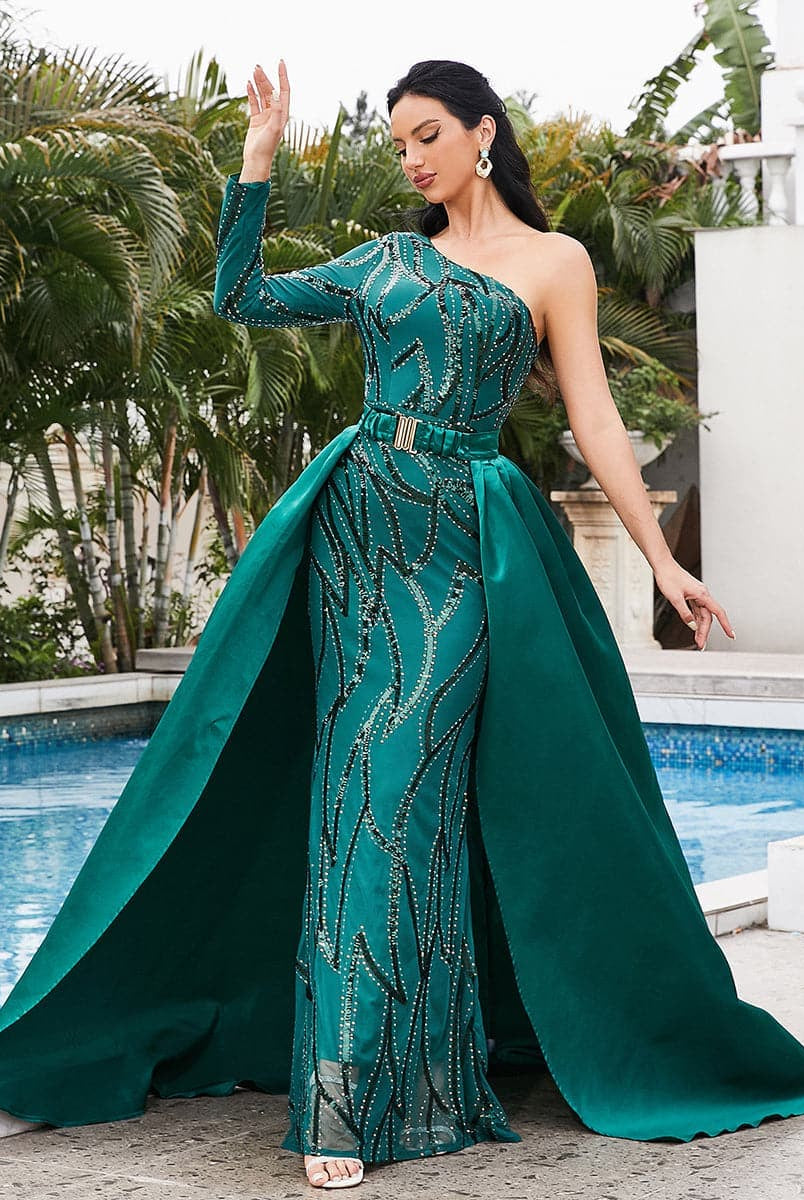One Shoulder Cloak Sequin Prom Dress XH2172