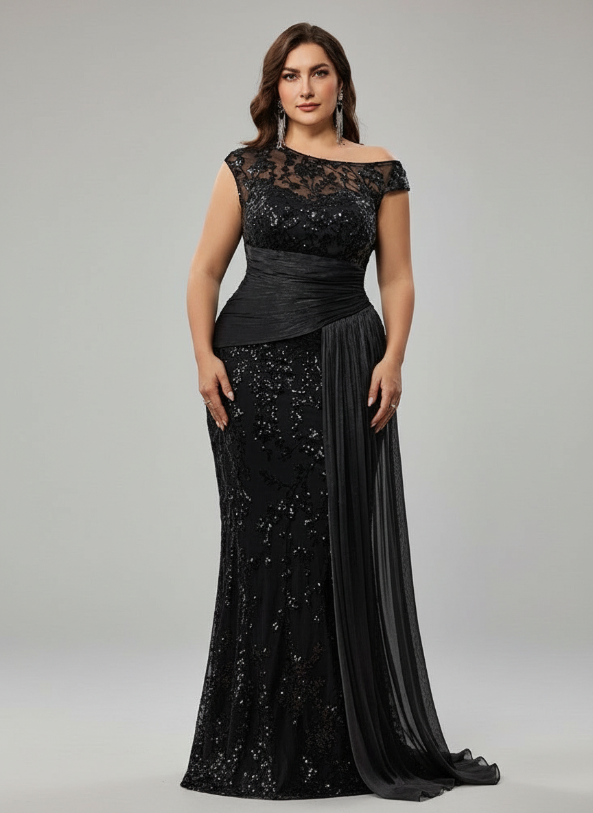 Fawn Plus Black Sequin One-Shoulder Dress - Black / 3XL Fawn Plus Black Sequin One-Shoulder Dress - Black / 3XL