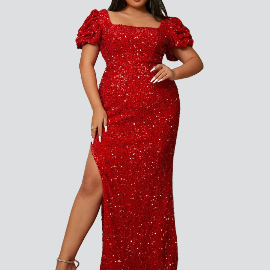 Plus Size Square Neck Puff Sleeve Sequin Red Dress