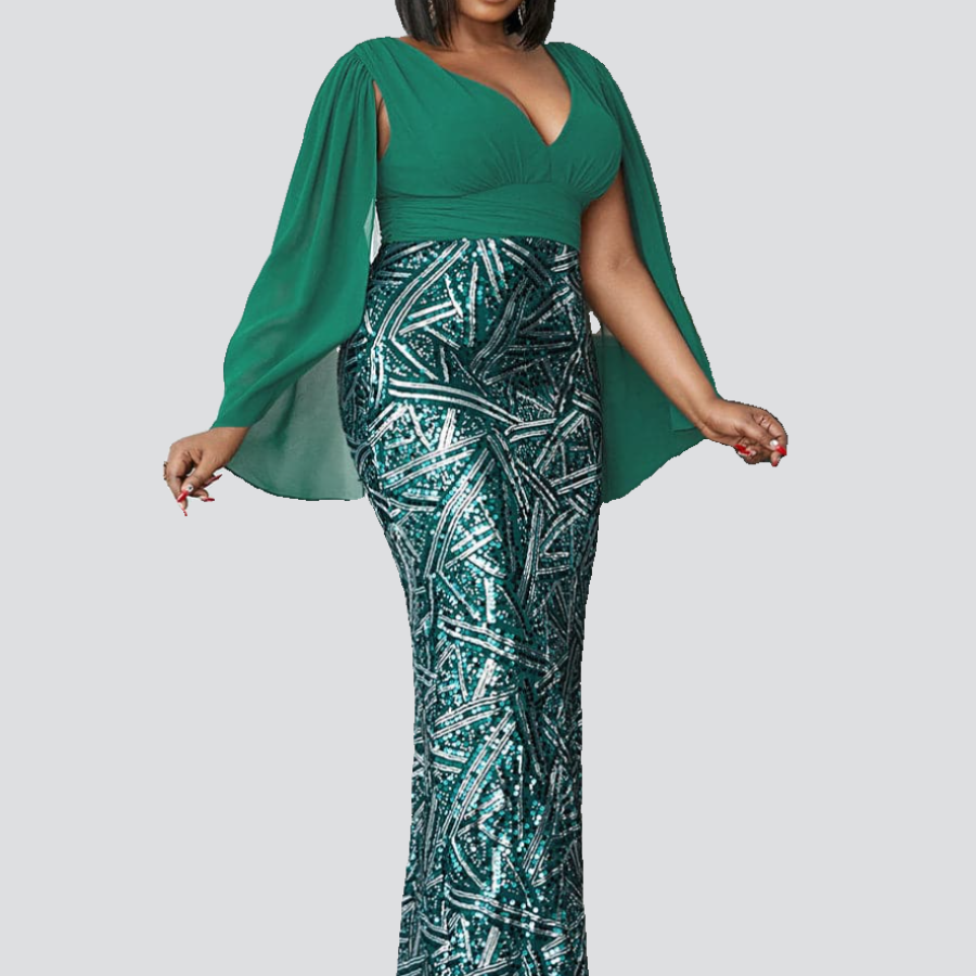 Plus Size V Neck Slit Sleeves Sequin Green Gown Dress