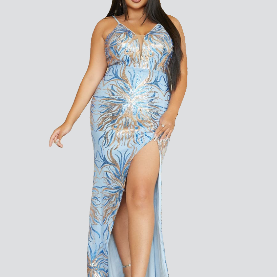 Plus Size Spaghetti Strap Split Sequin Blue Prom Dress