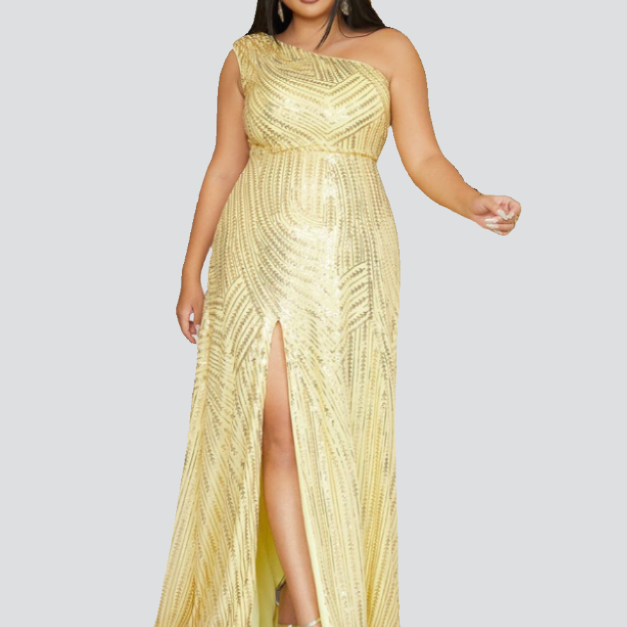 Plus Size One Shoulder Off Sequin Yellow Prom Dress