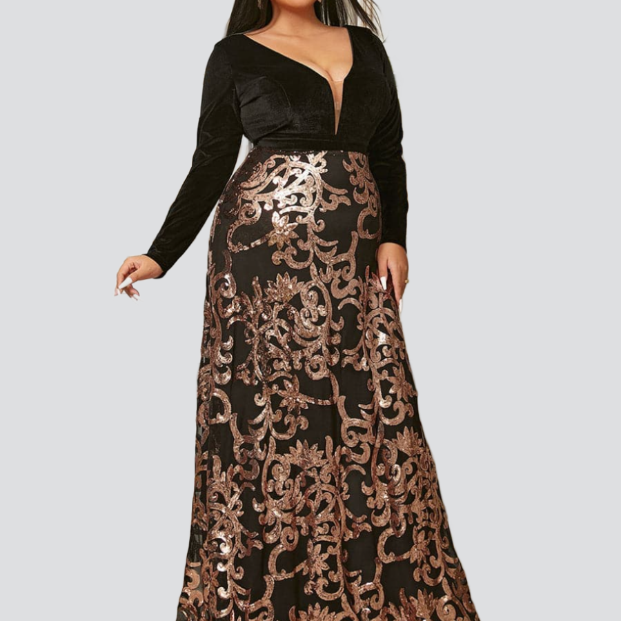 Plus Size Deep V Neck Backless Velvet Black Prom Dress PXJ1678