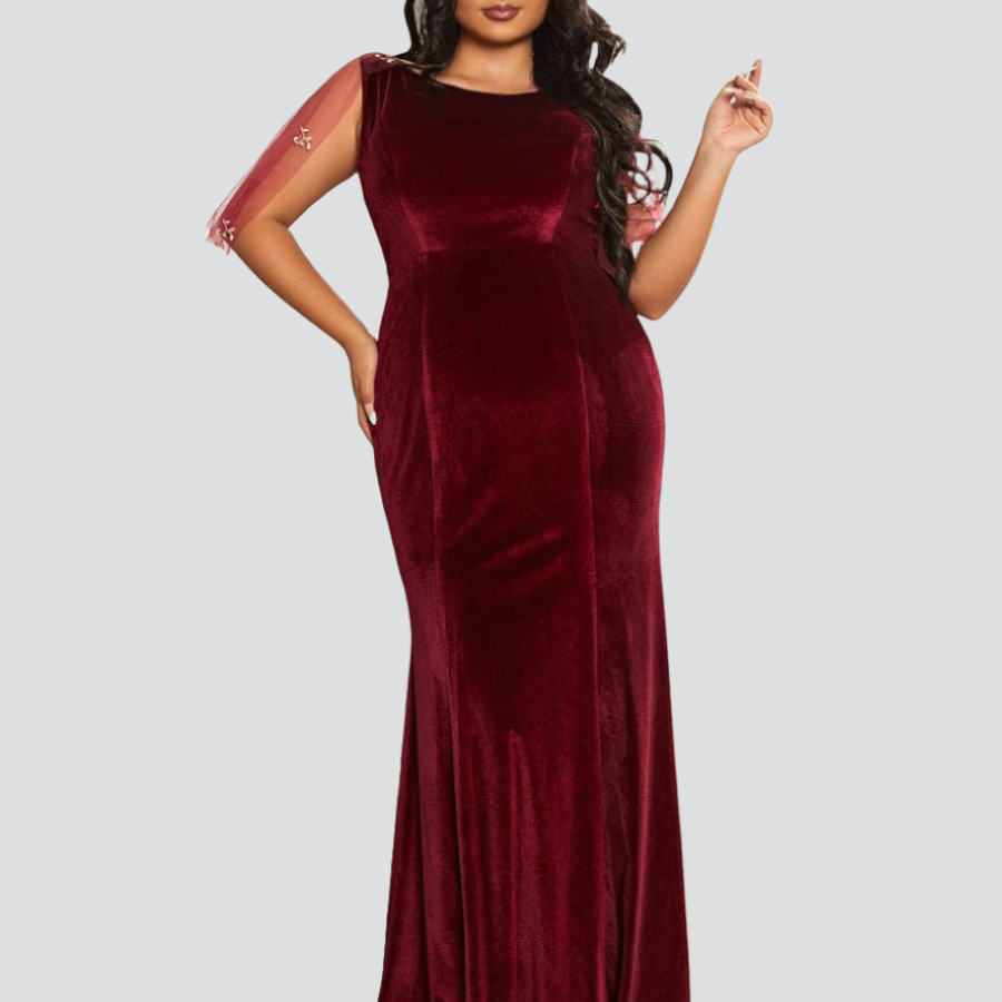 Plus Size Mesh Sleeve Velvet Wine Prom Dress