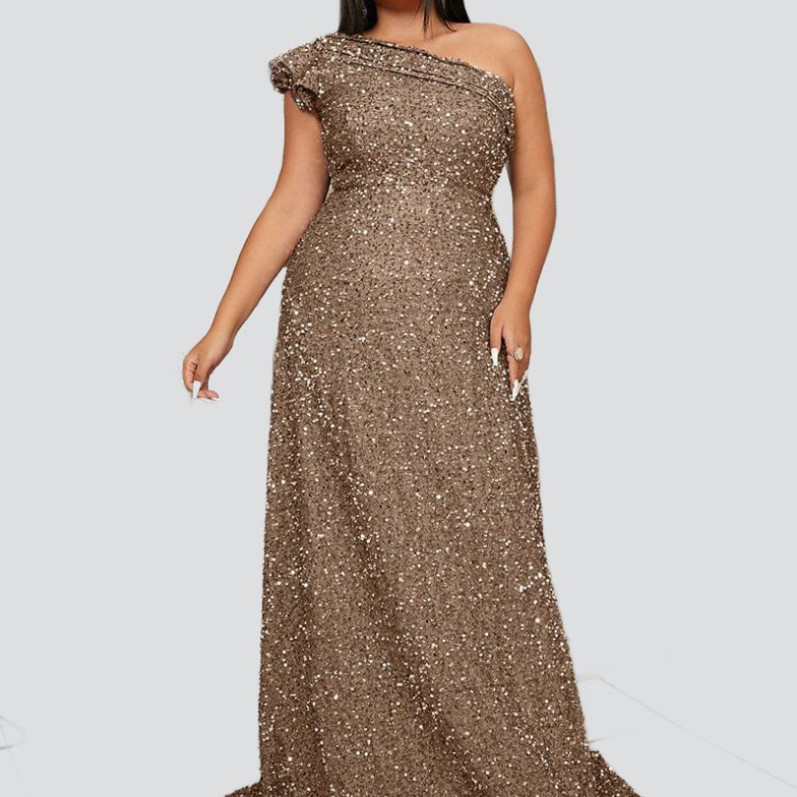 Plus Size One Shoulder A-Line Sequin Floor Evening Dress