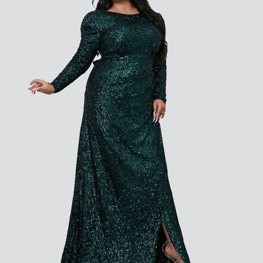 Plus Size Open Back Sequin Floor Length Green Prom Dress