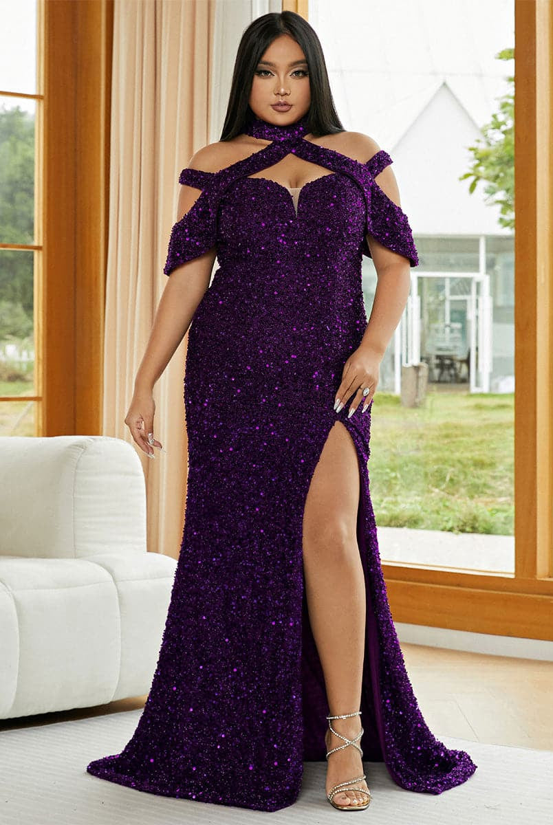 Plus Size Halter Sequin Prom Dress PJMH3148