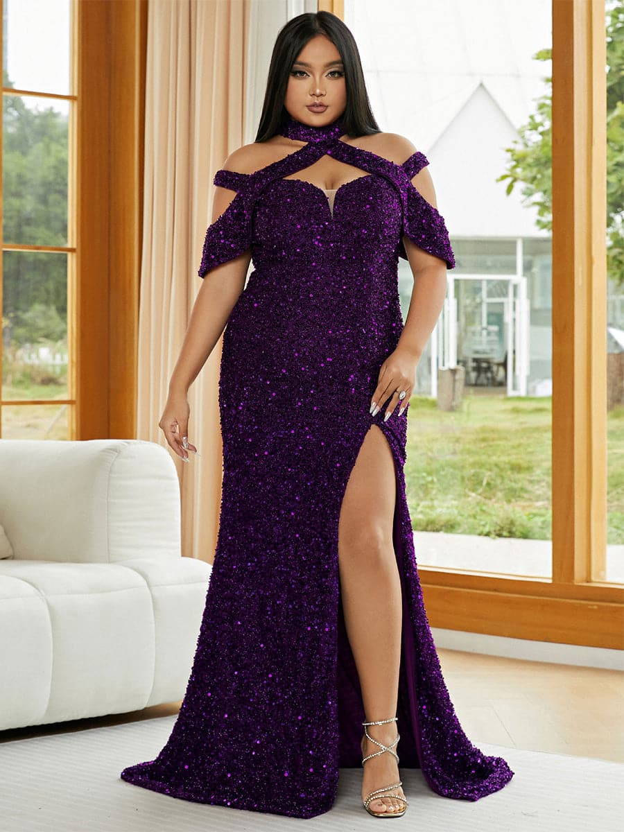 Plus Size Halter Sequin Prom Dress PJMH3148