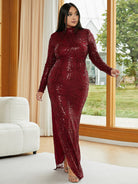 Plus Size High Neck Long Sleeve Black Sequin Evening Dress PXJ1722