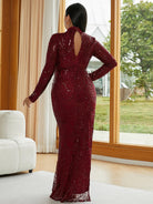 Plus Size High Neck Long Sleeve Black Sequin Evening Dress PXJ1722