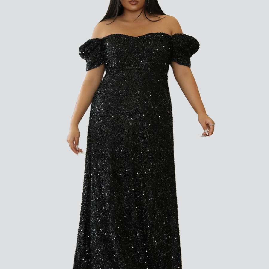 Plus Size Off Shoulder A-Line Sequin Maxi Dress