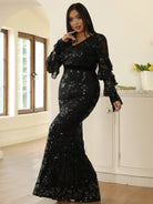Plus Size V-Neck Black Sequin Formal Dress PXJ1461